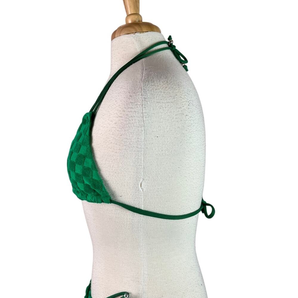 Green Terry Cloth String Bikini Women Medium Checkerboard Textured Cheeky Spring - Picture 3 of 7